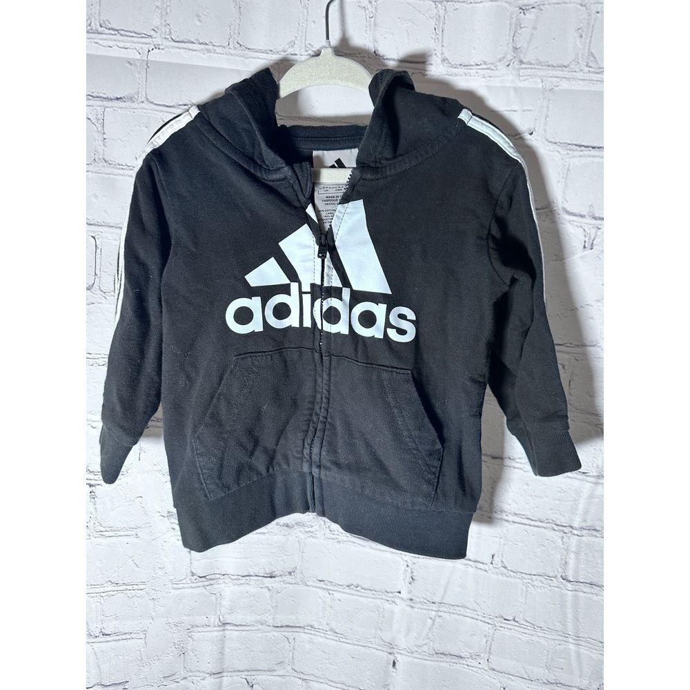 Adidas Baby Boys Black White Logo Zip Up Hoodie  12M 3-Stripes Long Slv